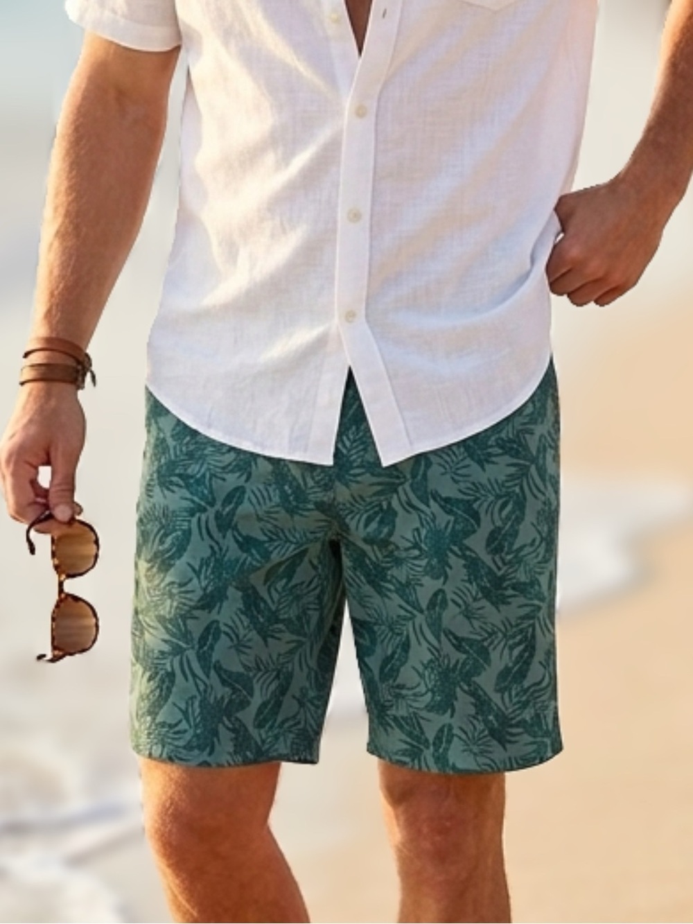 BERKLEY JENSEN Mens Sz 38 Tropical Teal Green Leaf Print Shorts Flat Front